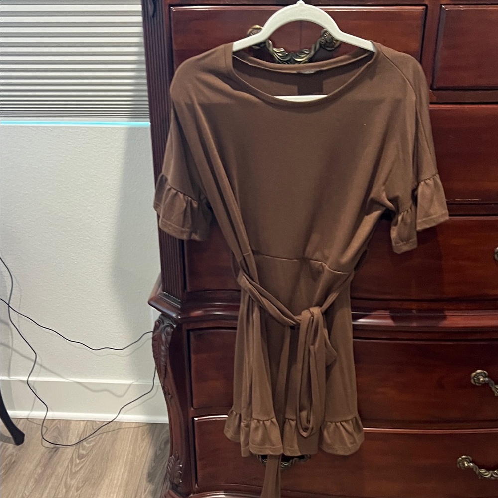 Brown Ruffle Sleeve Mini Dress